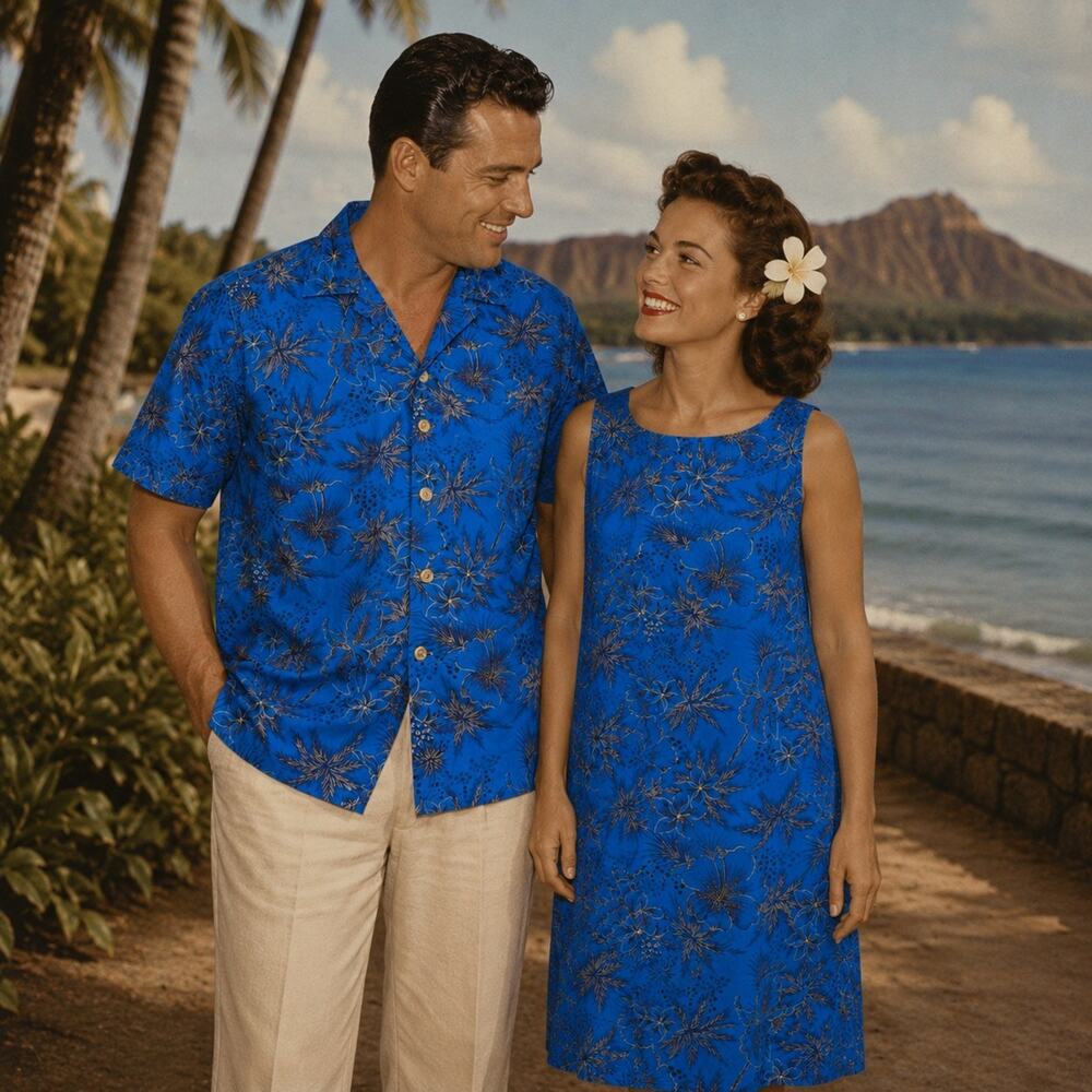 Vintage 60s Hawaiian Shirt Mens Large Womens S/M Dress Blue Floral Matching Set